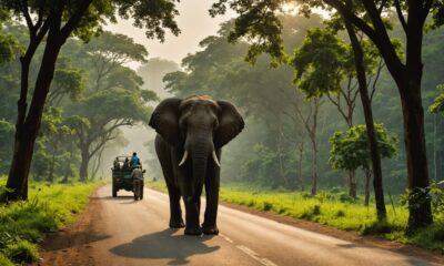 wild elephant crossing road