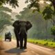 wild elephant crossing road