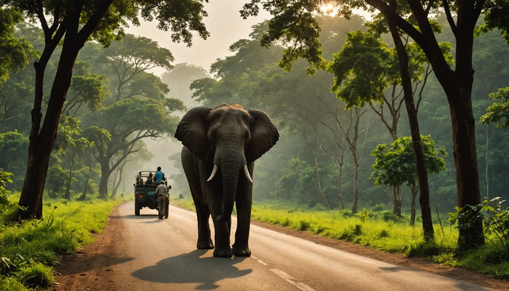 wild elephant crossing road